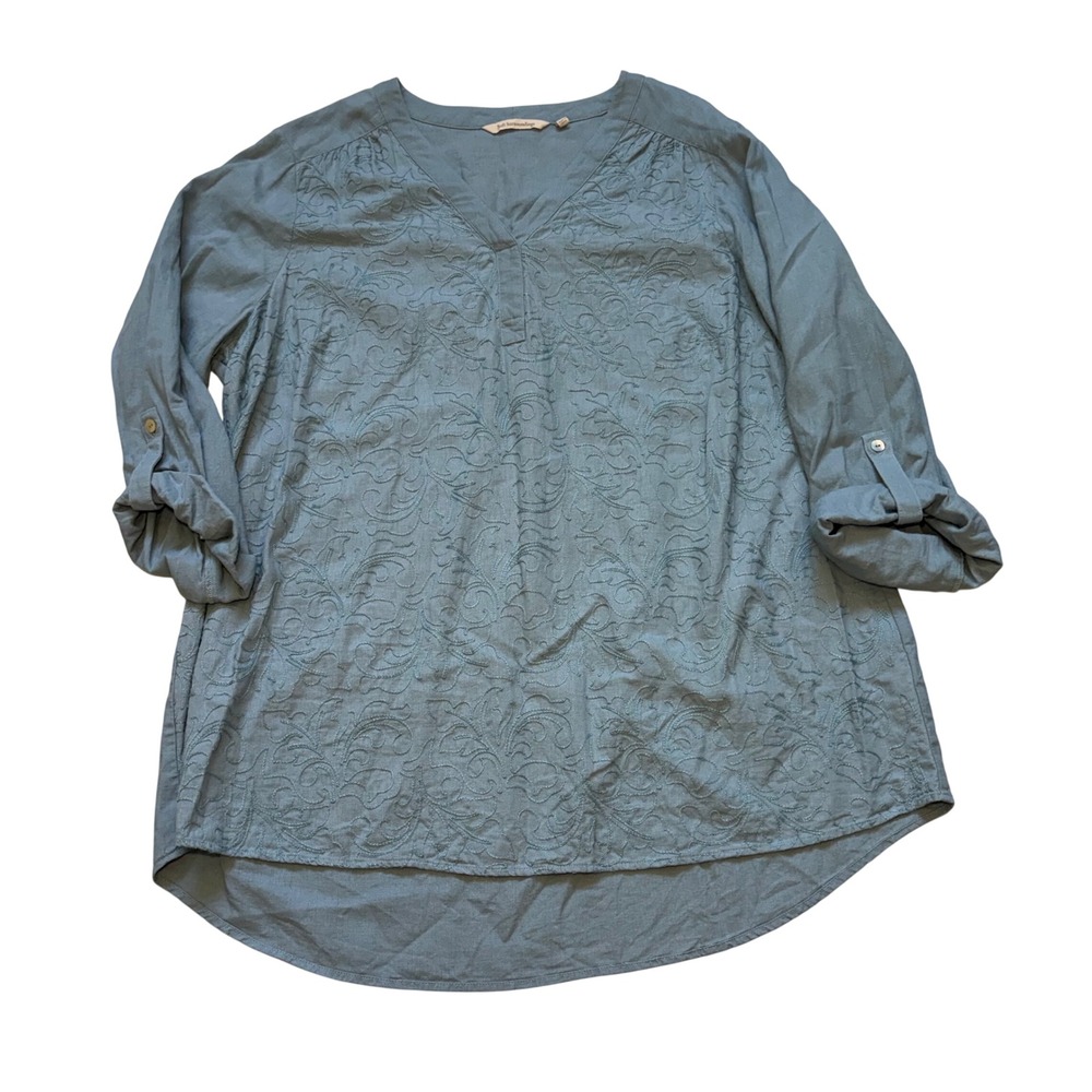 Soft Surroundings Embroidered Linen Blend Tunic Top Blue V-Neck Plus Size 1X